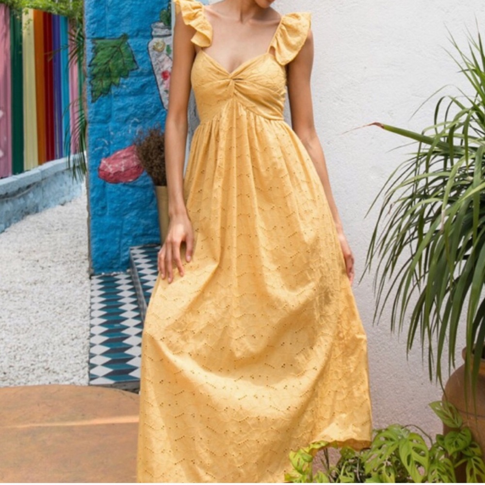 Chic Wish Yellow Eyelet Mustard Maxi Midi Dress